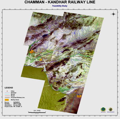 Satellite image of proposed route for Chaman to Kandahar railway
