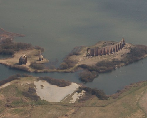 Aerial photograph of the sound mirrors at Denge