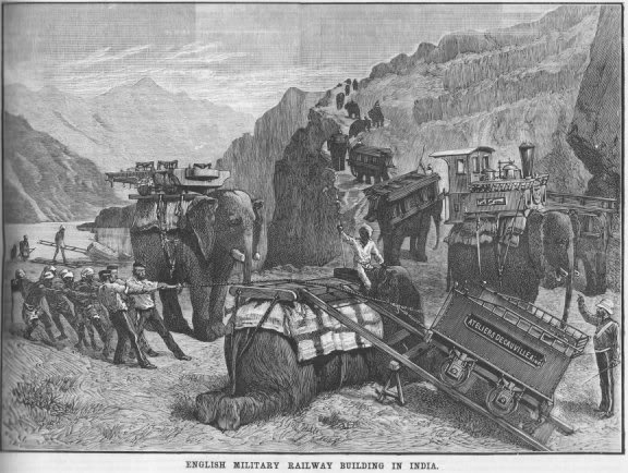 Sketch of elephants carrying dismantled railway locomotives in the Bolan Pass