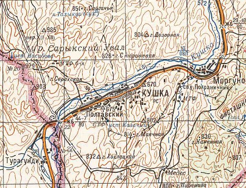 Soviet map showing the railway from Kushka to Towraghondi