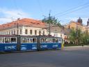 Tram and trolley bus wires cross in the centre of Debrecen