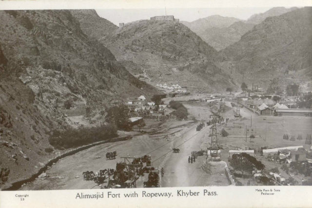1920s postcard showing Ali Masjid fort and the Khyber Pass ropeway
